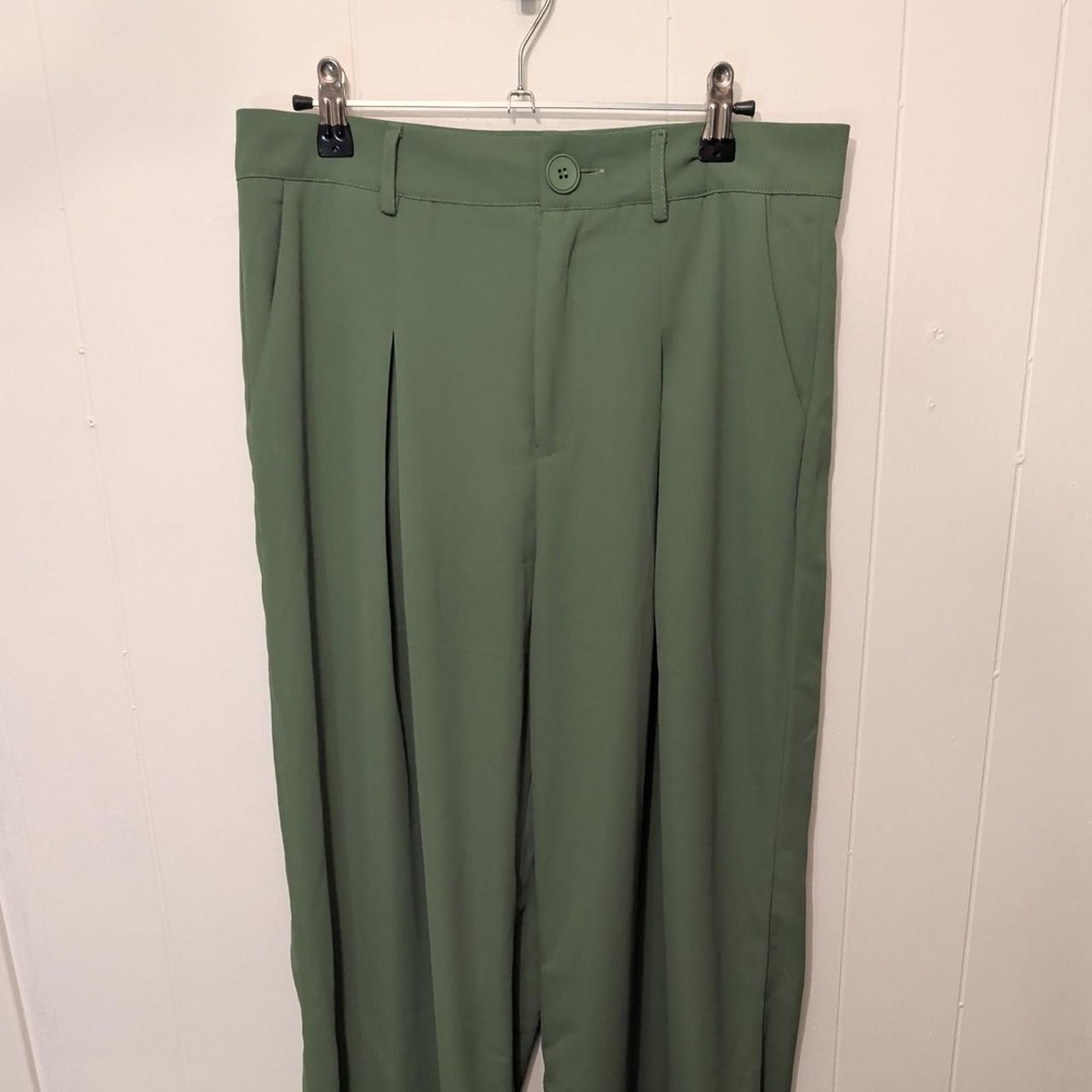 Womens Cider Green Straight Leg Trousers L New Pleated High Waist Pants